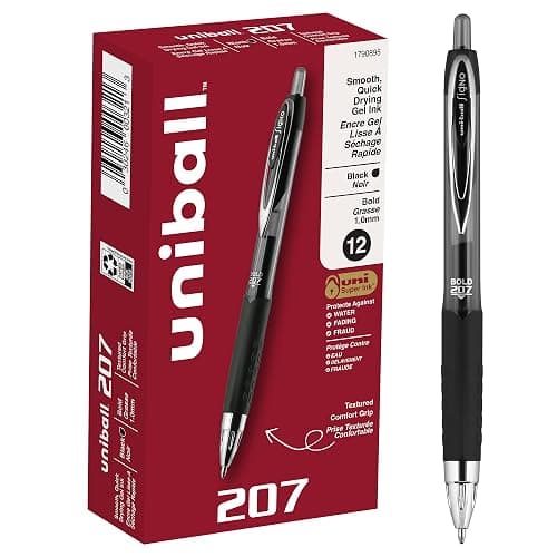 uni-ball 207 Retractable Gel Pens Bold Point, 1mm, Black, 12 Pack - Image 1
