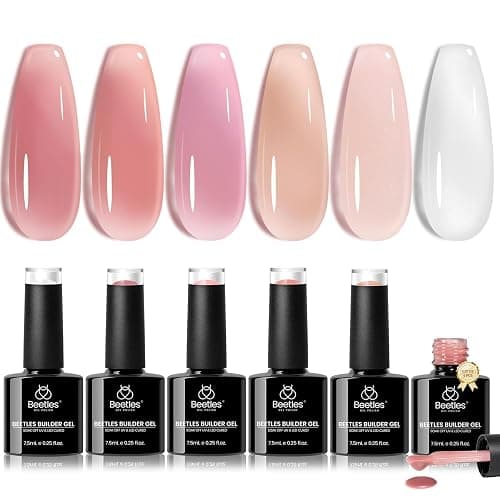 Beetles Builder Gel Set,6 Colors 7 in 1 Jelly Clear Pink Nude Builder for Nail Apex Thickening Extension Strengthen Weak Nails for Beginners DIY Salon at Home,UV & LED Lamp Needed - Image 1