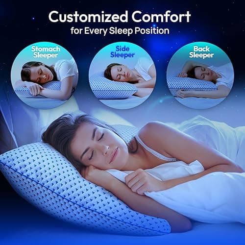 Adjustable Cooling Gel Memory Foam Pillows Queen Size for Sleeping 1 Pack,Firm Thick Bamboo Rayon Shredded Foam Bed Pillows for Side, Back, Stomach Sleepers Washable Breathable Pillowcase,College Dorm - White - Queen (Pack of 1) thumbnail 5