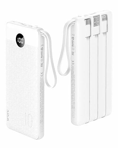 VRURC Portable Charger Power Bank, 10000mAh Travel Essentials Battery Pack, 5 Outputs 2 Inputs Slim Charing Bank Built-in Cables Cords Wires Compatible with iPhone,Samsung,Android-White(1 Pack) thumbnail 2