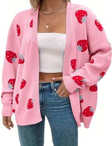 SECRETEYARD Women's Plus Size Strawberry Floral Print Long Sleeve Open Front Knit Cardigan Sweater - Image 1