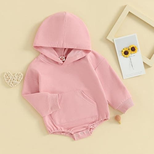 Covvoliy Newborn Baby Boy Girl Hooded Romper Long Sleeve Front Pocket Solid Color Hoodie Bodysuit Fall Winter Outfit thumbnail 3