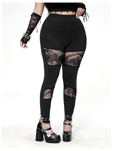 Floerns Women's Plus Size Goth Leggings Patchwork Punk High Waisted Pants thumbnail 3