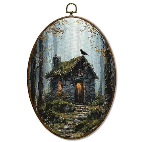 JQF Dark Academia Forest Cabin Crow Oval Wall Decor, Dark Cottagecore Oval Canvas Wall Art, Whimsical Fantasy Forest Nature Framed Prints Hanging Decor for Home Bedroom Living Room, 8.5x11.5 Inch - Image 1