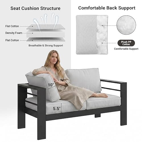 Solaste Aluminum Outdoor Couch, 3-Seat Metal Outdoor Sofa with Water-Resistant Cushion, Weather-Resistant Modern Patio Sofa, Black Frame Grey Cushion thumbnail 6