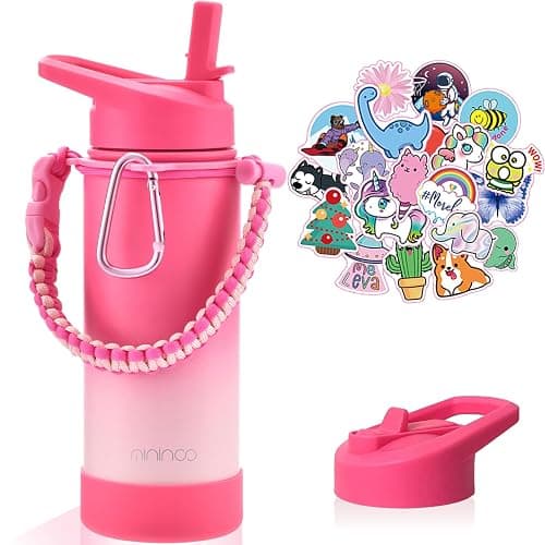 Mininoo Kids Water Bottle, Girls Water Bottle for School, 16oz Metal Stainless Steel Water Bottle Kids with Straw Lid（Sweat Peach） - Image 1
