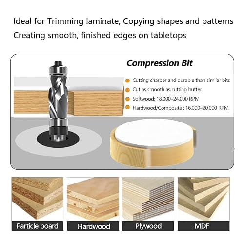 SICWOOD Compression Top and Bottom Bearing Flush Trim Router Bit 1/4 Shank - 1/2" Cutting Dia, Carbide Spiral Up-Down Pattern Template Flush Cut Router Bit, for Wood Trimming thumbnail 4