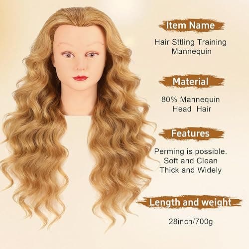 Mannequin Head with 80% Human Hair Face Mannequin Head for Hair styling Practice - Curling, Braiding, Cutting Multiple Hair Colors with Table Clamp Stand for Kids and Professionals 28inch thumbnail 2