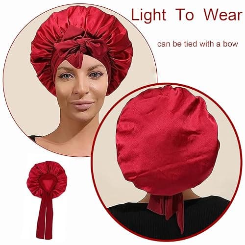 iLamvie Silk Curly Hair Cap, Silk Bonnet, with Adjustable Ribbons, Elastic Satin Night Hat for Sleeping, Women's Satin Night Hat for Women Girls (Red) thumbnail 4