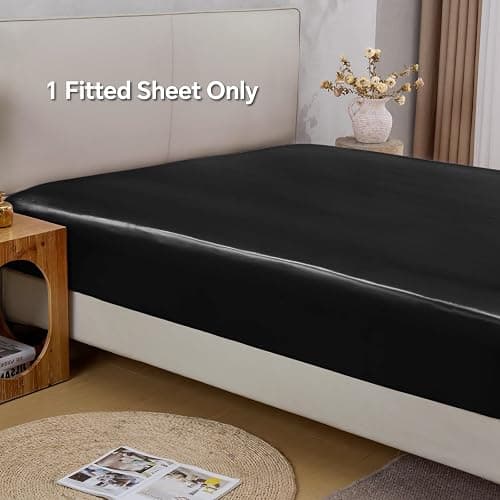 BEDELITE Satin Fitted Sheet King Size with Elastic Corner Straps, Luxury Soft Silk-Like Bed Sheet for Hair & Skin, 1 Deep Pocket Fitted Sheet Only Fits 15" Mattress, Fade & Wrinkle Resistant, Black thumbnail 4