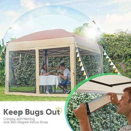 Quictent 10’x10’ Pop up Canopy Tent with Netting, One Person Instant Setup Screen House Room Tent Screened- 2 Magnetic Doors, Waterproof (Khaki) thumbnail 6