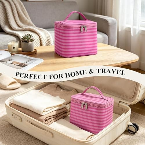 Hibilog Striped Makeup Bag with Built-in Mirror, Large Capacity Nylon Cosmetic Bag, Portable Travel Toiletry Organizer with Handle for Travel (Pink Stripe) thumbnail 4