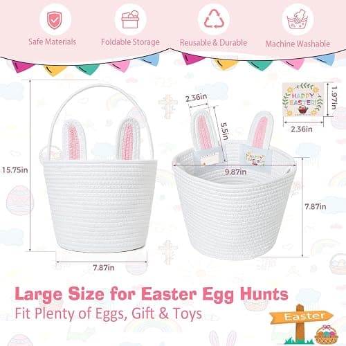 BEIYANA Easter Basket for Kids, Cute Bunny Easter Basket with Removable Ears & Writable Name Tag, Personalized Cotton Rope Woven Empty Easter Basket, First Easter Gift for Toddlers Boys Girls (Pink) thumbnail 3