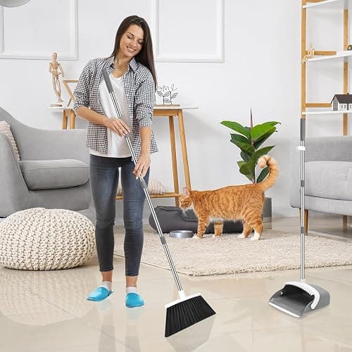 NACENA Broom and Dustpan Set with 52-in Long Adjustable Handle, Grey White | Broom Dustpan Combo with Dustpan Teeth to Automatically Clean Hair Suitable for Home Kitchen Office Hall Floor thumbnail 2