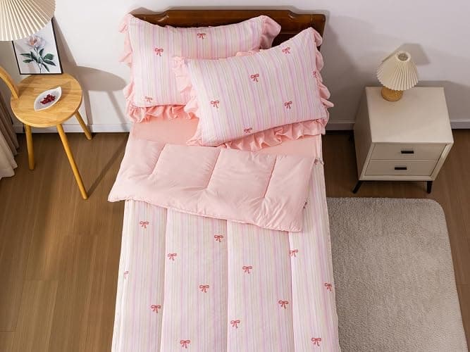 Aimuan Zipper Bedding Pink Bow Printed on Rainbow Comforter Set Set Bowknot Twin Princess Kids Zippered Bedding Set Ultra Soft (Pink-Colorful, Twin) thumbnail 2