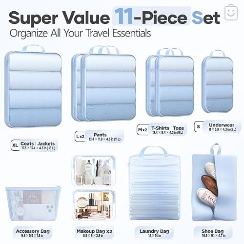 Veken 11 Set Compression Packing Cubes for Travel Essentials,Compressible Expandable Large Luggage Suitcase Organizer Bags for Clothing,Durable Space Saver Storage Bags with Toiletry Bags(Light Blue) thumbnail 2