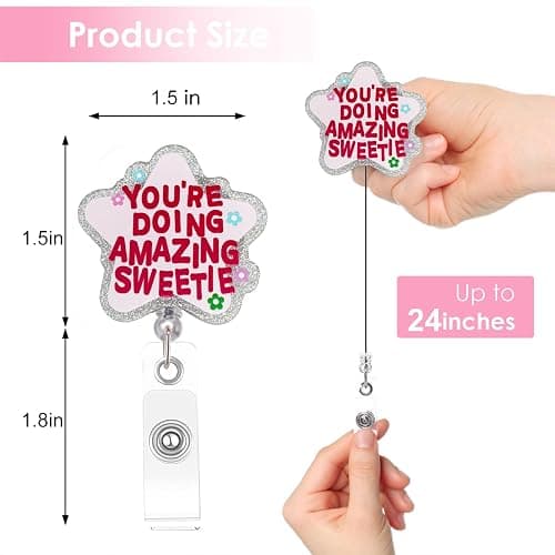 Cute and Funny Nurse Badge Reel – Pink Retractable ID Holder with Motivational Quote You're Doing Amazing Sweetie, Nursing Accessories for Women and Healthcare Workers thumbnail 2
