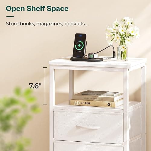Huuger Nightstand with Charging Station, Side Table with 2 Fabric Drawers, End Table with Open Shelf, Bedside Table with USB-C Port and Outlets, Night Stand, PU Leather, White thumbnail 8