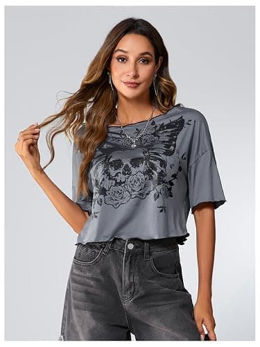 SOLY HUX Womens Y2K Grunge Shirts Short Sleeve Off Shoulder Crop Graphic Tees Goth Skull Tops thumbnail 5