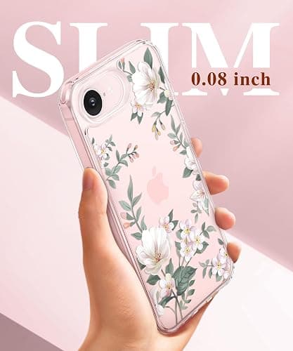 GVIEWIN for iPhone 17e Case & iPhone 16e Case with Screen Protector, [Non-Yellowing][Military-Grade Protection] Hard PC&TPU Bumper, Floral Shockproof Protective Clear Phone Case (Magnolia/White) thumbnail 6