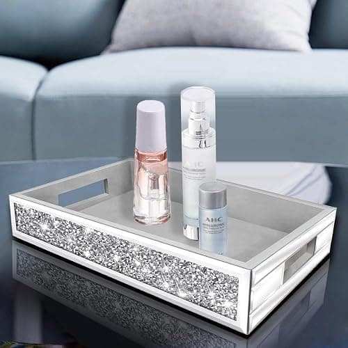Wocred Mirror Perfume Tray fits Dresser Bedroom,Crushed Diamond Bathroom Tray with Handles，Vanity Tray,Decorative Serving Tray for Coffee Table Decor(14”x 10”x 3”) thumbnail 5