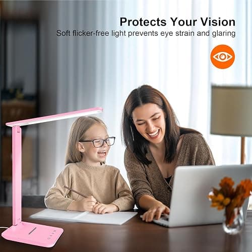 White crown LED Desk Lamp Dimmable Table Lamp Reading Lamp with USB Charging Port, 5 Lighting Modes, Sensitive Control, 30/60 Minutes Timer (Pink, First-Generation) thumbnail 7