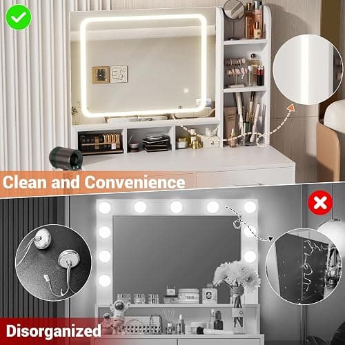 Small Vanity Desk, Vanity Desk with Mirror and Lights, Makeup Vanity Desks with Power Strip, Vanity Table with Drawers and Shelves, Adjustable Lighting, Dressing Table for Bedroom Dressing Room, White thumbnail 4
