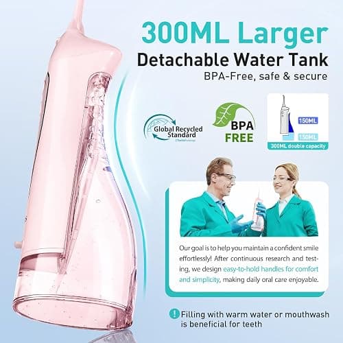 COSLUS Water Dental Flosser Teeth Pick: Portable Cordless Oral Irrigator 300ML Rechargeable Travel Irrigation Cleaner IPX7 Waterproof Electric Flossing Machine for Teeth Cleaning C20(F5020E) Pink thumbnail 3