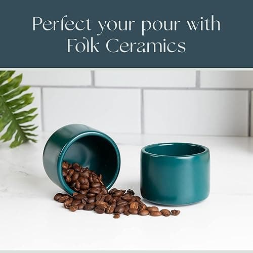 Folk Ceramics Leonard Ceramic Espresso Cups | Modern Stackable Demitasse Mugs for Espresso | Thick Walled, Handleless, Durable, Dishwasher & Microwave Safe | Set of 2, 3oz | Blue Emerald thumbnail 2
