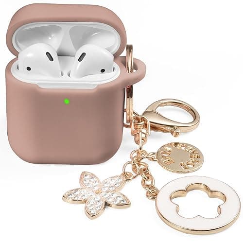 OLEBAND Case Fit for Airpod 1st/2nd Generation with Cute Bling Keychain,iPods Silione Cover Compatible for Apple Air pod/iPod 2 and 1 Gen Case,LED Visible,for Women and Girls,Milk Tea - Image 1