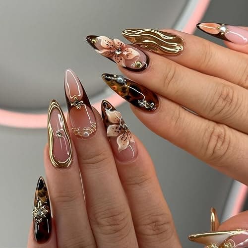 Gleamrain Stiletto Press on Nails Long Almond Brown False Nail with Flower and Swirl Designs 3d Fall Nails Press Ons for Women 24pcs thumbnail 2