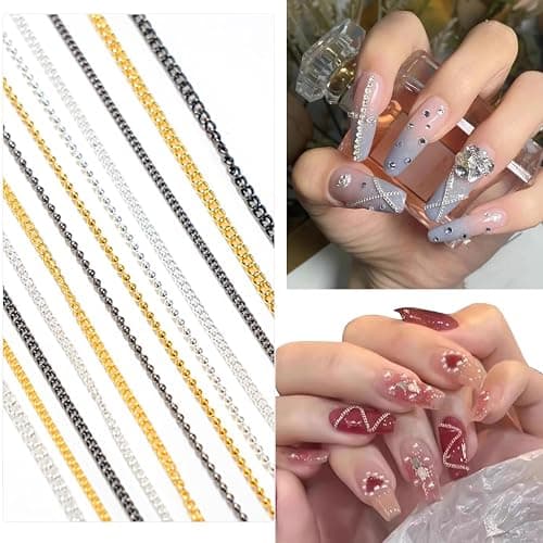 WOKOTO 12 Gold Black And Silver Metallic 3D Nail Chains Charms Punk Ball Beads Fingernails Nail Charms Bling Design Gold Silver Jewels Diy Craft Decoration Accessories Chain Nail Charms Jewelrys thumbnail 2