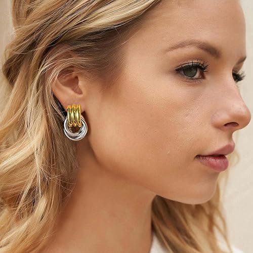 QJLE Two Tone Drop Dangle Earrings - Gold Silver Plated Hoop Huggie Earrings for Women - Trendy Jewelry thumbnail 9