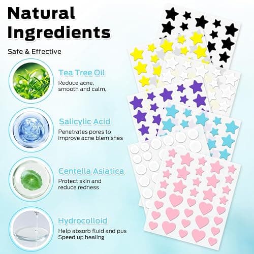 VOZRO Star Pimple Patches, Colorful Hydrocolloid Acne Patches for Face, Cute Star Pimple Patches with Salicylic Acid, Tea Tree & Centella Oil (Round,Star,Peach Shapes| 6 Sizes| 271 Count) - 271 Count (Pack of 1) thumbnail 2