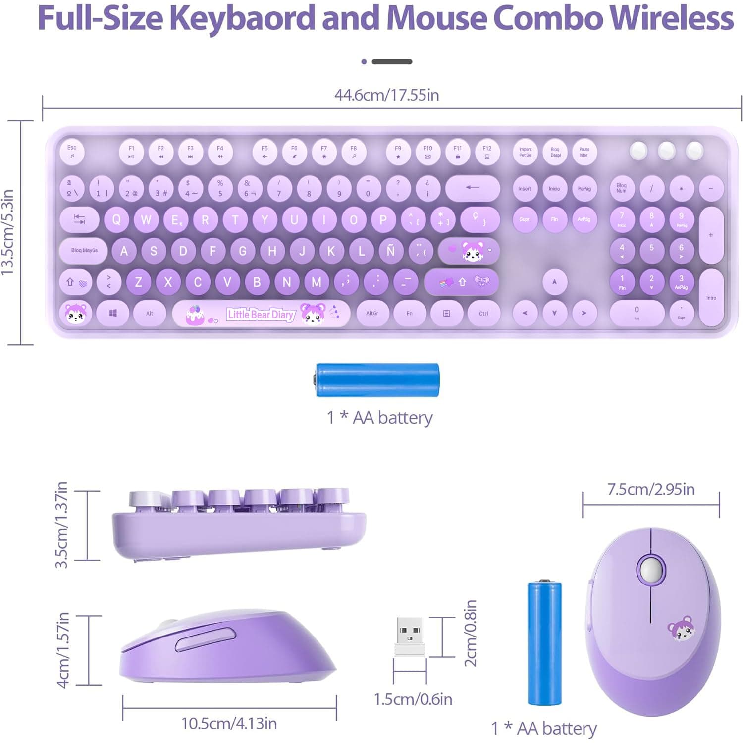 Teclado y Mouse inalámbrico Español,Tecla Redondas Retro Vintage,Multicolor-Morado Gradiente - Morado Gradiente thumbnail 3