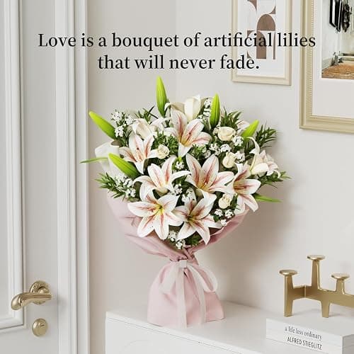 DBCMEW 6PCS Artificial Lilies Set, Short Stem Artificial Flowers with 12 Heads Fully Bloomed Lilies and 6 Buds for Office/Wedding/Home Decoration/Party/Flower Arrangment/Bonquet DIY/Grave thumbnail 7