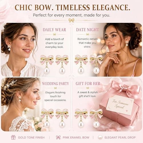 Bow Earrings for Women Trendy Stuff Cute Bow Pearl Drop Dangle Earrings Bowknot Stud Prom Wedding Party Daily Jewelry Accessory Gifts Pink Dress for Women thumbnail 7