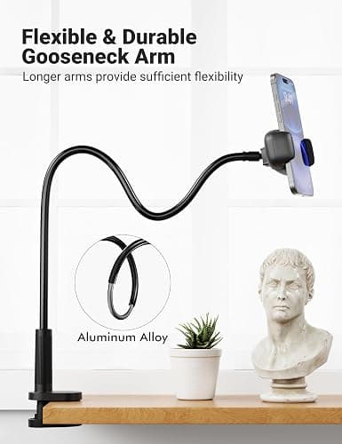 Klsniur Gooseneck Phone Holder for Bed – 360° Flexible Adjustable Clamp, Long Arm Gooseneck Bracket for Desk Headboard Bedside, Compatible with iPhone 16 15 Pro Max XR X 8 7 & 3.5-7" Devices (Black) thumbnail 2