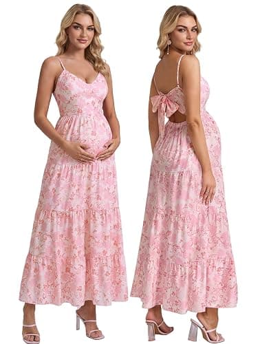 HTZMO Maternity Floral Summer Maxi Dress Bow Tie V Neck Baby Shower Photoshoot Casual Boho Long Sundress for Women - Image 1