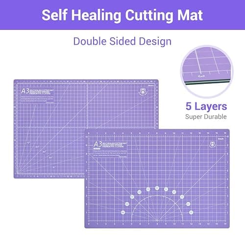 Headley Tools Rotary Cutter Set - 45mm Fabric Cutter, 5 Extra Rotary Blades, A3 Cutting Mat, Quilting Ruler and Sewing Clips, Craft Knife Set, Ideal for Crafting, Sewing, Patchworking, Purple thumbnail 4