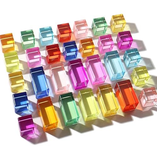 30 Pcs Mixed Acrylic Blocks Set - 10 Long (2.5x2.5x5CM) + 20 Cube (2.5x2.5x2.5CM) Rainbow Gem Blocks, Sensory Stacking Toy for 1 2 3 4 Years Old, Boys Girls Gift with Rich Building Possibilities thumbnail 4