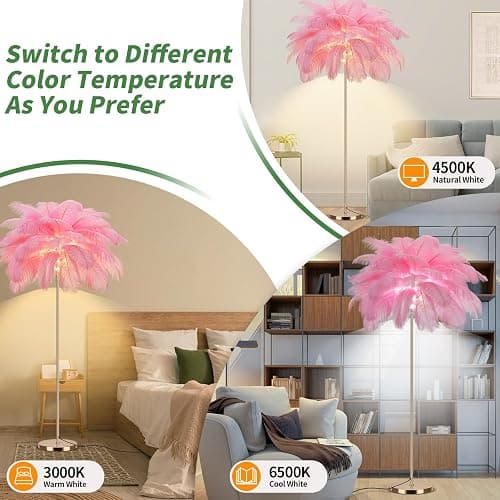 Fivemengo Feather Floor Lamp for Living Room, Fluffy Ostrich Feathers Lamp, Rose Gold Color Body, 3 Color Temperatures Modern Funky Arc Tall Standing Lamp for Bedroom Inclued Bright LED Bulbs (Pink) thumbnail 5