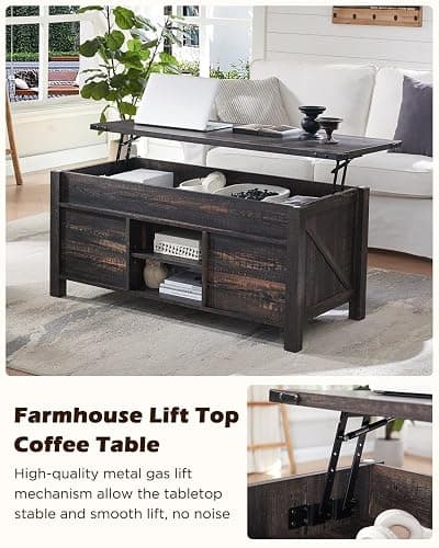 OKD 48" Farmhouse Lift Top Coffee Table with Sliding Barn Door,Rustic Center Table with Hidden Storage Compartment,Lifting Tabletop and Adjustable Shelf for Living Room,Office,Dark Rustic Oak thumbnail 2