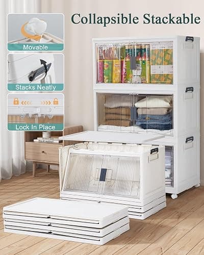 OlarHike 23QT Stackable Storage Bins with Lids - Folding Storage Box with Doors and Wheels, Collapsible Plastic Storage Drawers for Closets and Organization, Garage, 3 Pack Cubes, Gifts for Family thumbnail 3