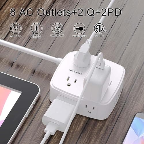 Surge Protector Power Strip - YISHU 8 Widely Outlets with 2 USB-C(PD 30W) and 2 USB-A Ports, 3 Side Outlet Extender with 6Ft Flat Plug Extension Cord, Wall Mount, Desk USB Charging Station, ETL,White thumbnail 2