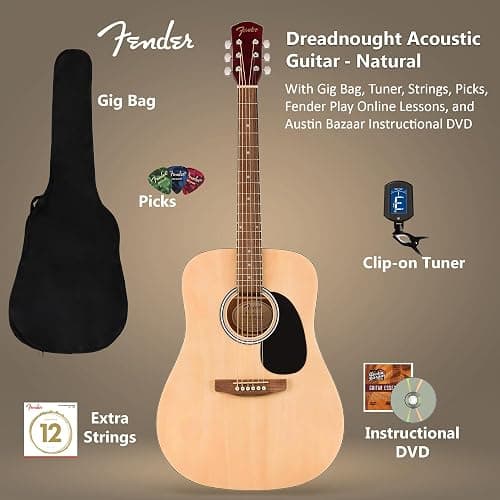 Fender Dreadnought Acoustic Guitar - Natural Bundle with Gig Bag, Tuner, Strings, Picks, Fender Play Online Lessons, and Austin Bazaar Instructional DVD thumbnail 2