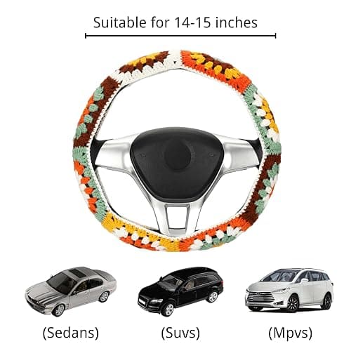 Crochet Steering Wheel Cover Set,Cute Steering Wheel Cover Boho 14-15 in,Handmade Sunflower Granny Square Decor for Women,Hippie Car Accessories (A Wheel Cover) thumbnail 2