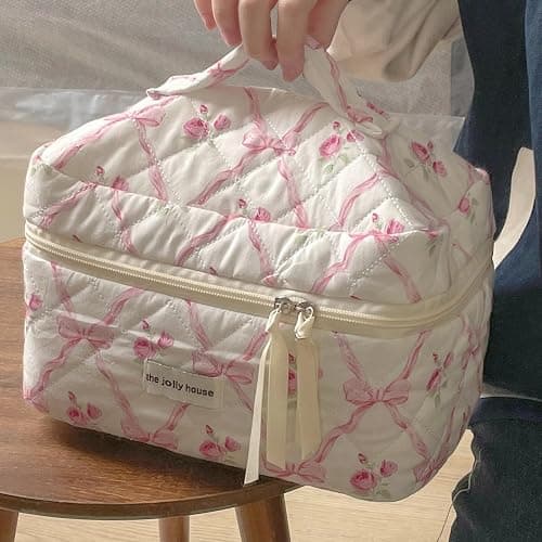 BILIPOPX Cute Makeup Bag Aesthetic Floral Quilted Cotton Cosmetic Bag Travel Organizer Toiletry Pouch 3 Pack Set (01Pink Bow) thumbnail 2
