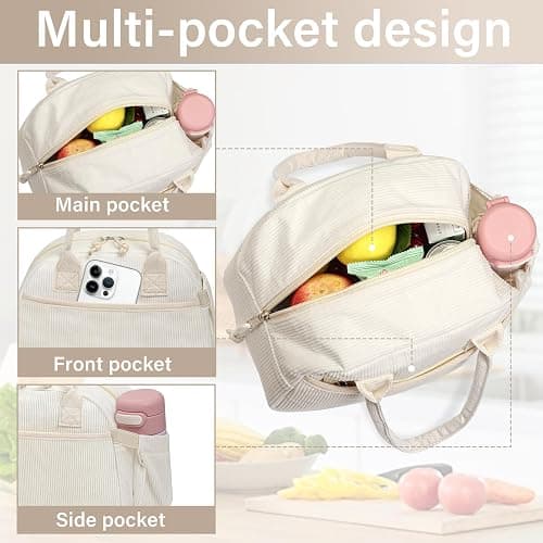 Carry bloom Lunch Box for Women, Insulated Lunch Bag Cute Corduroy Lunchbag | Reusable Lunchbox for Work (1 brown white stripes) thumbnail 5