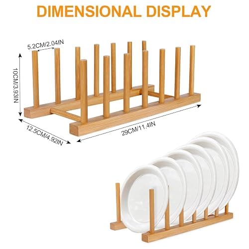 SAMEBUTECO Bamboo Wooden Dish Racks Plate Stand Holder Vertical Drainer Kitchen Cabinet Organizer for Dish, Pots, Lids, Bowls, Cups, and Cutting Boards and Books(2 Packs) thumbnail 3